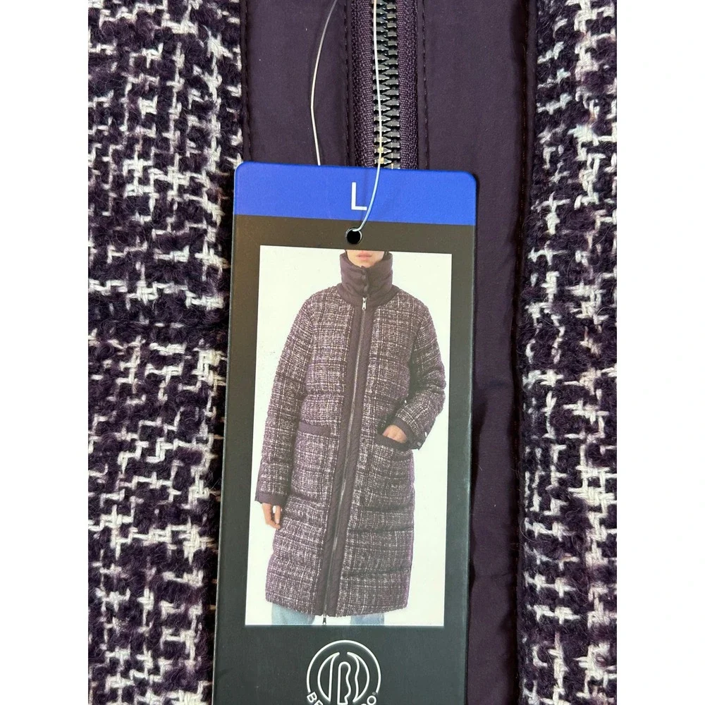 NWT Bernardo Womens EcoPlume Mixed Media Tweed Puffer Coat Purple Long Parka •L•